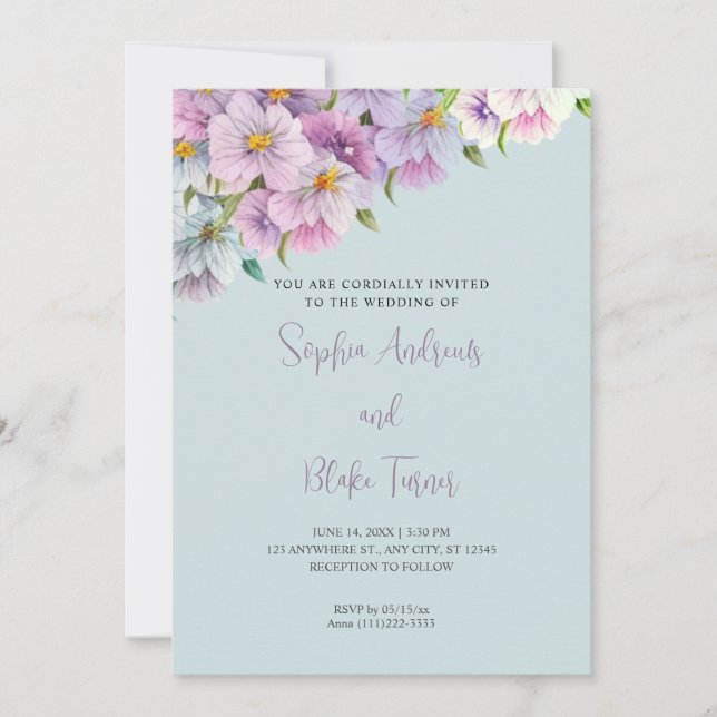 Invitación Flores salvajes moradas y azules Boda en el jardín (Anverso)