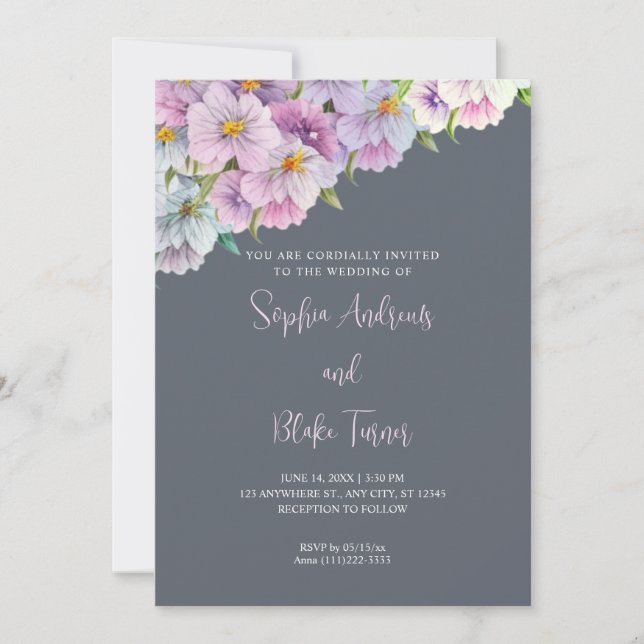 Invitación Flores salvajes moradas y azules Boda en el jardín (Anverso)