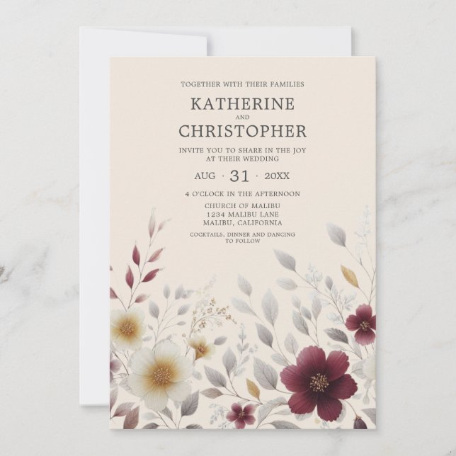 Invitación Flores salvajes otoño elegante Boda borgoña (Anverso)