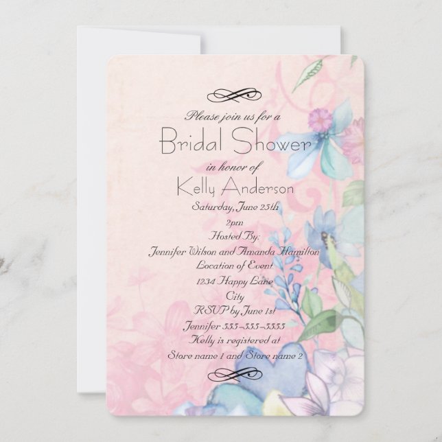 Invitación Flores salvajes rosa y azul bonito Ducha de novias (Anverso)