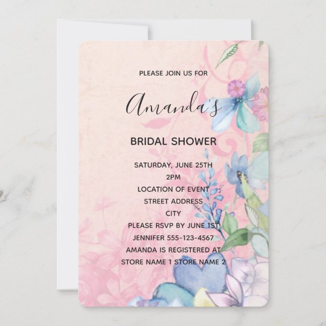 Invitación Flores salvajes rosa y azul bonito Ducha de novias (Anverso)