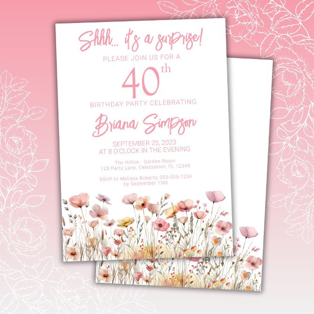 Invitación Flores salvajes rosadas 40.ª fiesta de cumpleaños  (Subido por el creador)