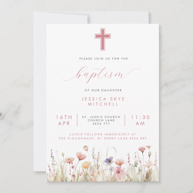 Invitación Flores salvajes rosadas Bautismo cruzado y guion (Anverso)