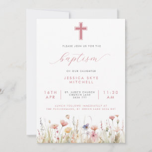 Invitación Flores salvajes rosadas Bautismo cruzado y guion