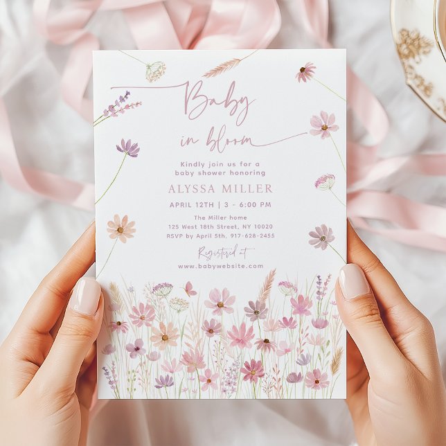 Invitación Flores salvajes rosadas bebé en Baby Shower en Blo (Subido por el creador)