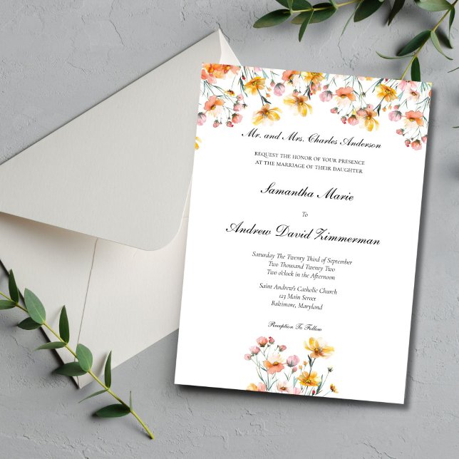 Invitación Flores salvajes rosadas Elegante formal Boda (Pink Yellow Wildflowers Wedding invitation. Formal Traditional wording. Printed or Digital download)