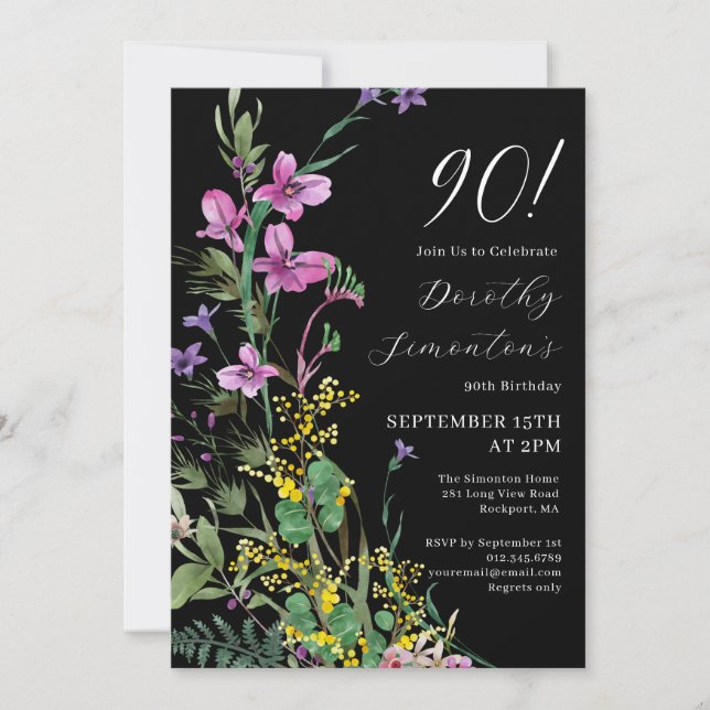 Invitación Flores salvajes rosadas exóticas 90 cumpleaños (Anverso)