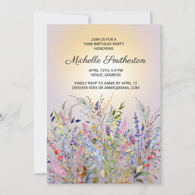 Invitación Flores salvajes rosadas moradas amarillas 100 cump (Anverso)