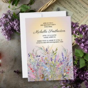 Invitación Flores salvajes rosadas moradas amarillas 60 cumpl