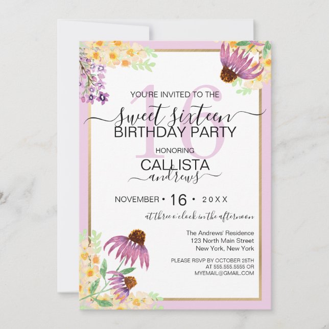 Invitación Flores salvajes rosadas moradas amarillas y dulces (Anverso)