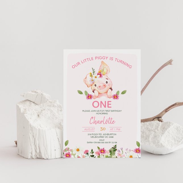 Invitación Flores salvajes rosadas Pequeña Fiesta de cumpleañ (Editable Pig Birthday Invitation, Little Piggy 1st Birthday Invite, Little pig, Pink Floral Piggy )