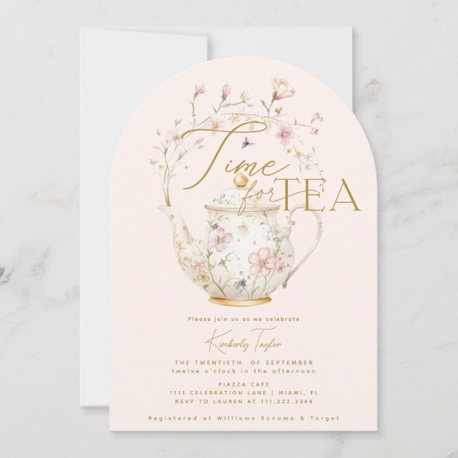 Invitación Flores salvajes rosas, hora del té para la Fiesta  (Anverso)