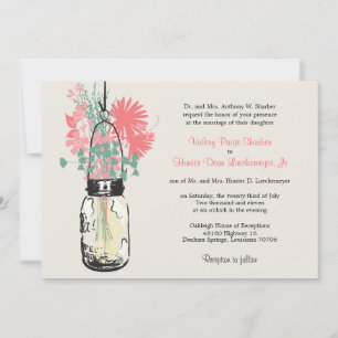 Invitación Flores salvajes rosas y verdes y Boda Mason Jar