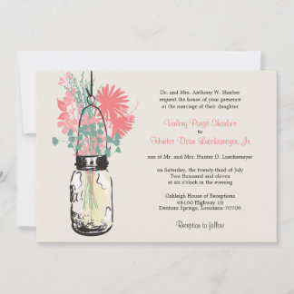 Invitación Flores salvajes rosas y verdes y Boda Mason Jar
