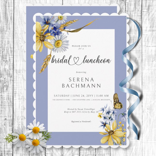 Invitación Flores salvajes rusticas azules y amarillas Nocheb (Rustic Blue & Yellow Wildflowers Bridal Luncheon Invitation)