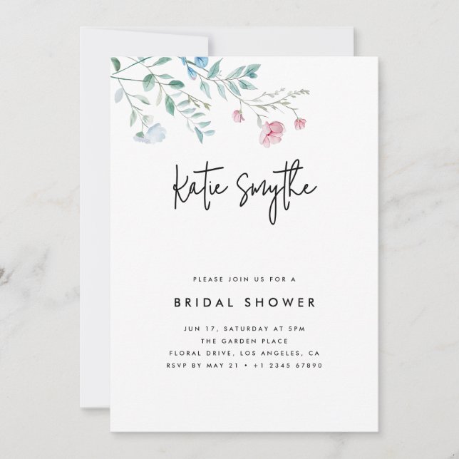 Invitación Flores salvajes simples y elegantes ducha de novia (Anverso)