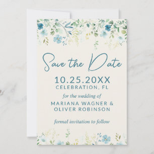 Invitación Flores salvajes verde azuladas de color beige azul