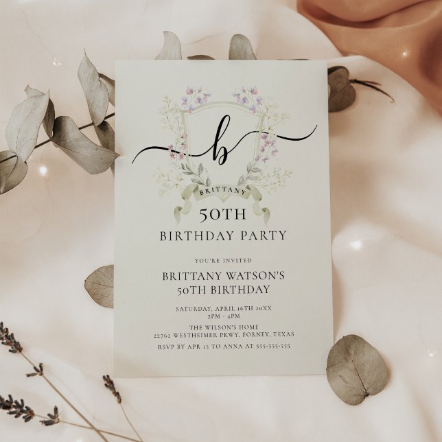 Invitación Flores salvajes Wreath Elegant 50 cumpleaños (Subido por el creador)