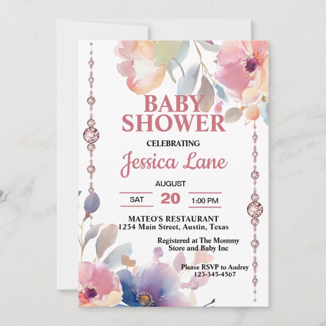 Invitación Flores salvajes y Chica de diamantes rosados Baby  (Anverso)