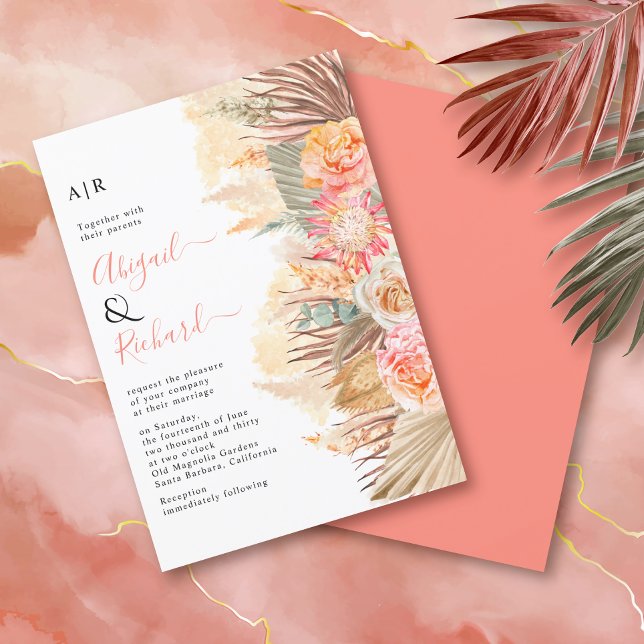 Invitación Flores secas, pampas y palmas boda de coral (Subido por el creador)