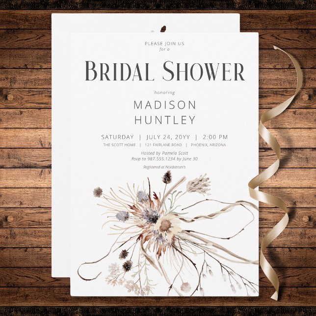 Invitación Flores secas y neutrales de Boho rústico ducha de  (Rustic Boho Neutral Dried Flowers Bridal Shower Invitation)