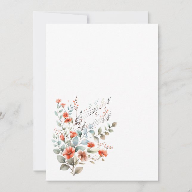 Invitación Flores sencillas y notas musicales en blanco  (Anverso)