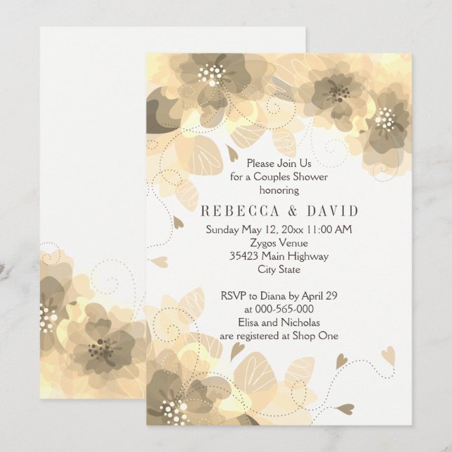 Invitación Flores Sepia flor otoño parejas de boda ducha (Anverso / Reverso)
