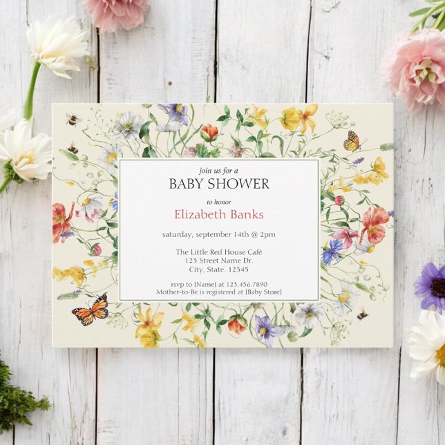 Invitación Flores silvestres, abejas y mariposa en Baby Showe (Subido por el creador)