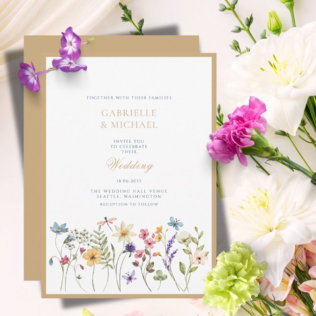 Invitación Flores Silvestres Acuarela Caprichosas Boda Dorada (Subido por el creador)