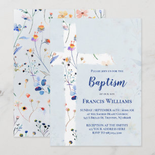 Invitación flores silvestres acuarela cruz Bautismo 