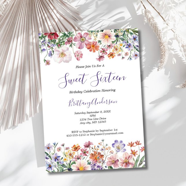 Invitación Flores silvestres Acuarela Dulce Dieciséis Años (Wildflowers watercolor florals sweet sixteen 16th birthday invitation. Printed or Digital)