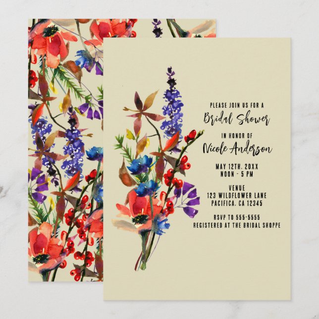 Invitación Flores silvestres acuarela floral beige baby showe (Anverso / Reverso)
