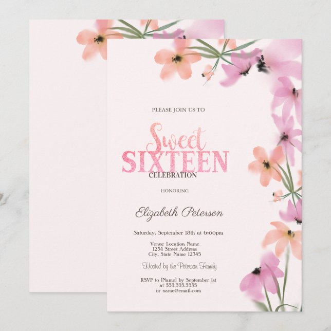Invitación Flores silvestres acuarela flores boho rosadas dul (Anverso / Reverso)