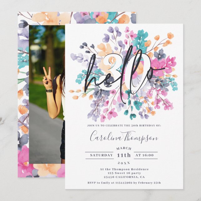 Invitación Flores silvestres acuarela moda floral foto hola 3 (Anverso / Reverso)