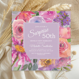 Invitación Flores Silvestres Acuarela Morado Rosa Cumpleaños 
