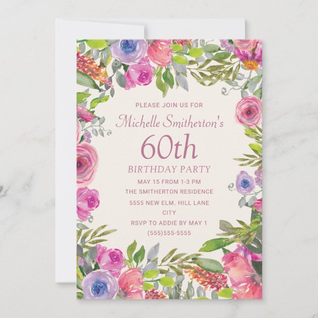Invitación Flores silvestres acuarela rosa púrpura Cumpleaños (Anverso)