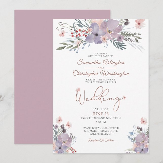 Invitación Flores silvestres acuáticas Floral Boda Lilac (Anverso / Reverso)