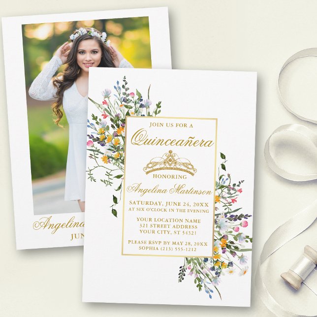 Invitación Flores silvestres acuáticas Foto Quinceanera dorad (Customize to change text size, color or text style.)