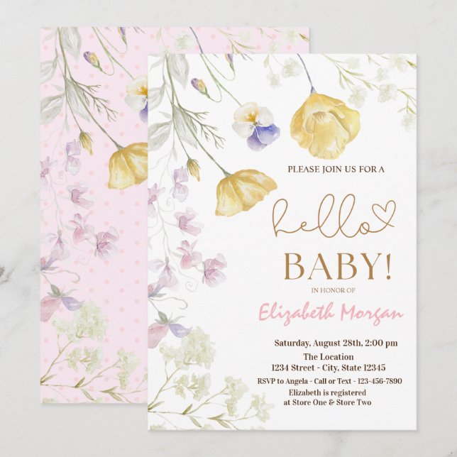 Invitación Flores silvestres acuáticas Punto rosa Baby Shower (Anverso / Reverso)
