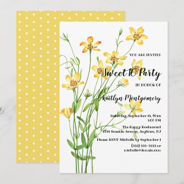 Invitación Flores silvestres amarillas dulce fiesta de cumple (Anverso / Reverso)