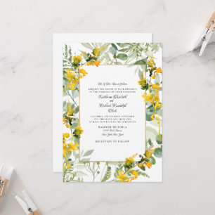 Invitación Flores silvestres amarillas Follaje Boda blanca
