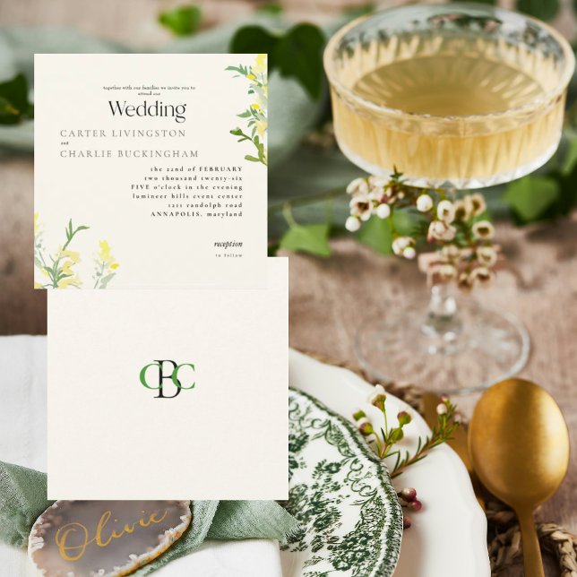Invitación Flores silvestres amarillas Monograma II Boda cuad (Subido por el creador)