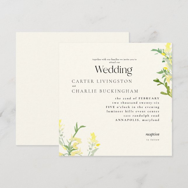 Invitación Flores silvestres amarillas Monograma II Boda cuad (Anverso / Reverso)