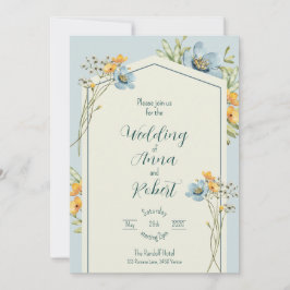 Invitación Flores Silvestres Amarillas Y Azules Boda Geométri