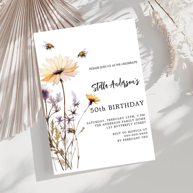 Invitación Flores silvestres amarillo púrpura cumpleaños (Subido por el creador)