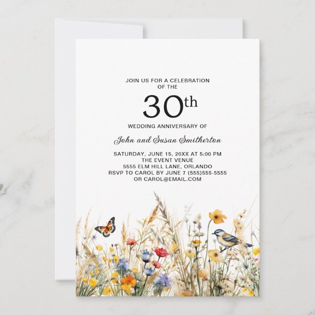Invitación Flores silvestres Aves Mariposas 30 años (Anverso)