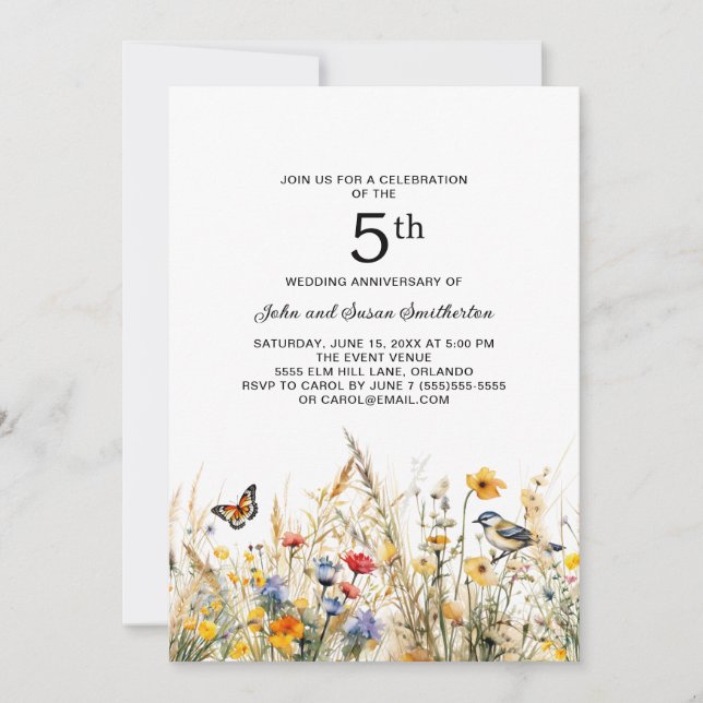 Invitación Flores silvestres Aves Mariposas 5° aniversario (Anverso)