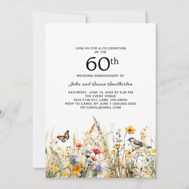 Invitación Flores silvestres Aves Mariposas 60 años (Anverso)
