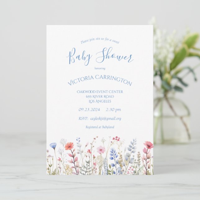 Invitación Flores silvestres azul acuarela Floral Baby Shower (Anverso de pie)