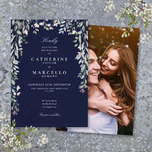 Invitación Flores Silvestres Azul Marino Foto de Boda Floral
